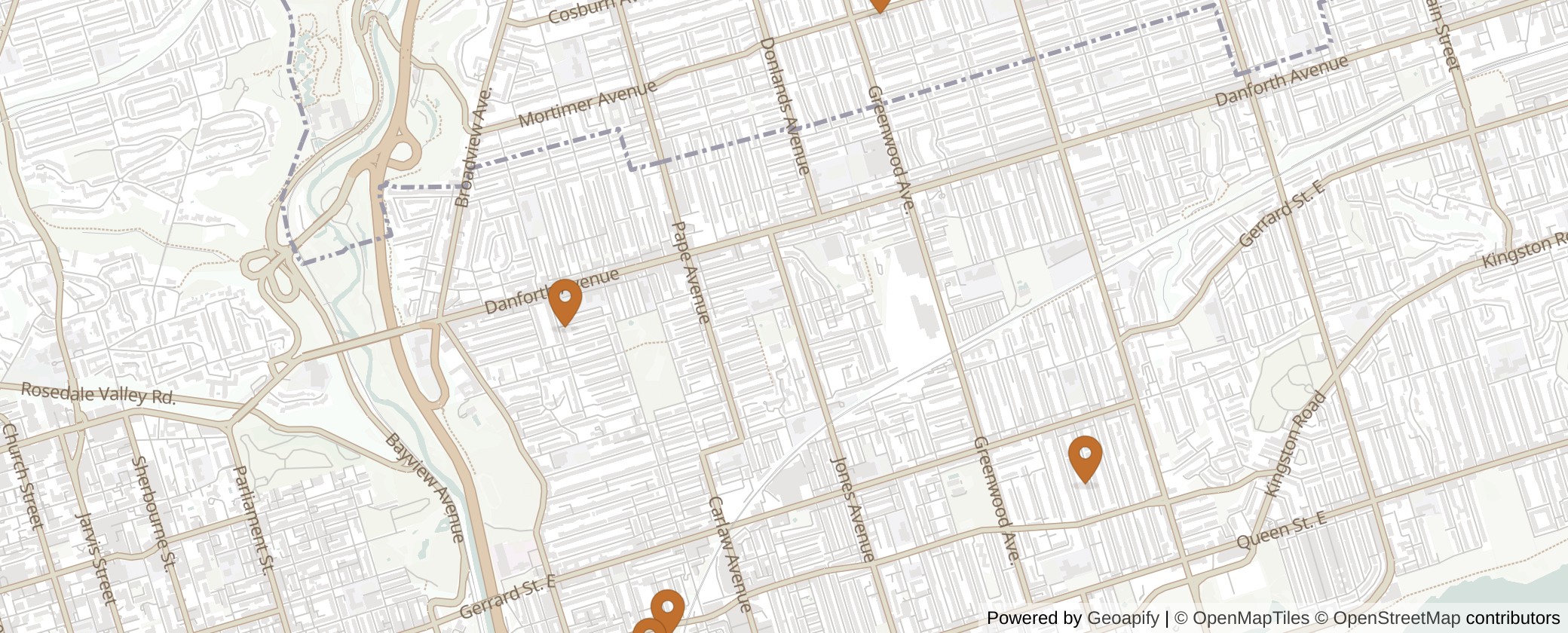 Map of Multiplexes in Toronto-Danforth, Toronto (Ward 14)