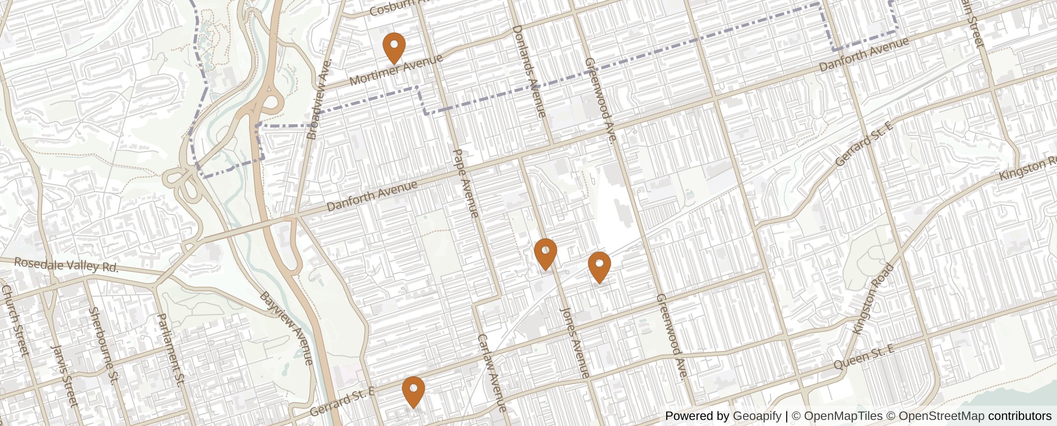 Map of Multiplexes in Toronto-Danforth, Toronto (Ward 14)